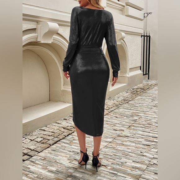 Tied Boat Neck Long Sleeve Dress gold - Picture 7 of 12